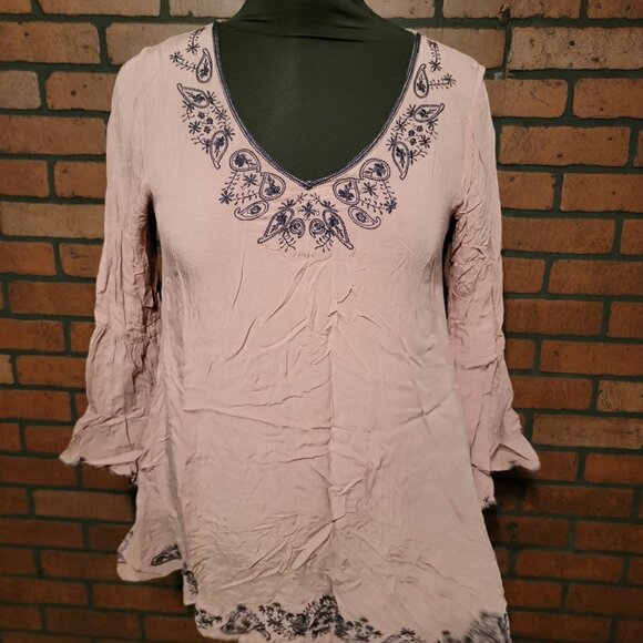 Double Zero. Mocha tunic with Navy embroidery.  Large. - Picture 1 of 6